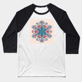 Blue, Pink and Red Mandala Snowflake Pattern Baseball T-Shirt